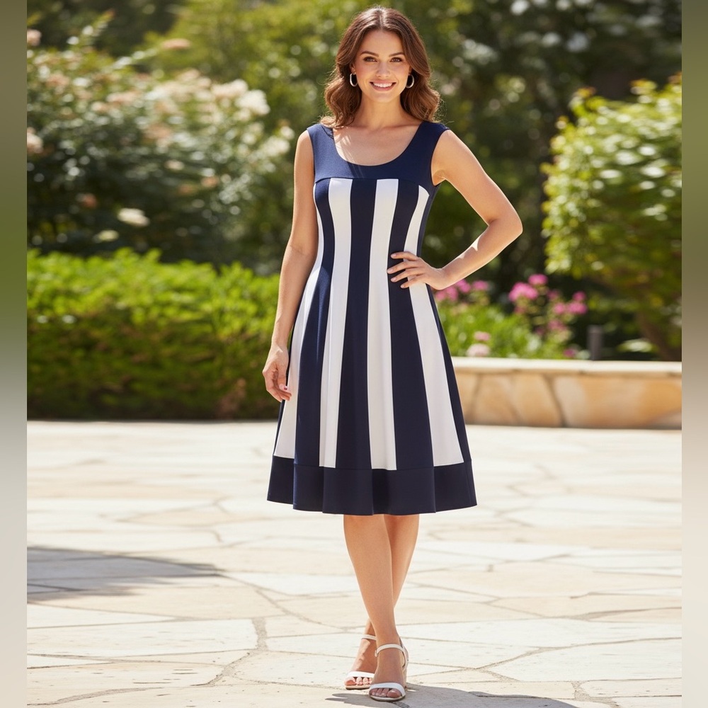 ❌ SOLD - Dressbarn Retro Colourblock Stripe A-Line Fit & Flare Midi Dress